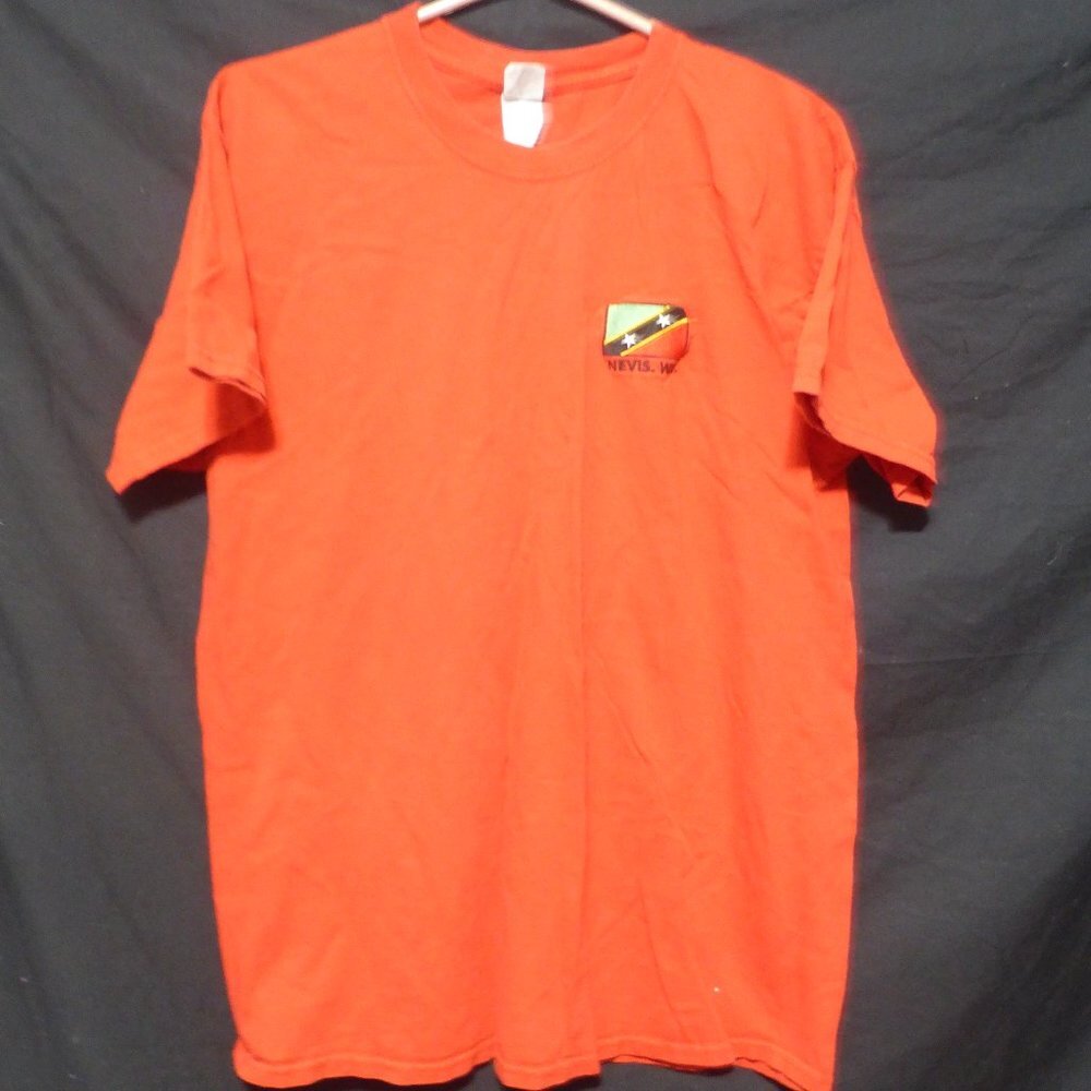 GILDAN HEAVY COTTON, red tee, size large Nevis WI flag embroidered on front, GUC